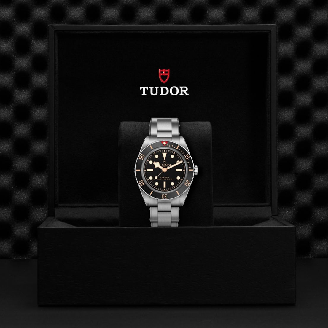 Tudor Black Bay 58 mit Gehäuse und Band aus Edelstahl und schwarzem Zifferblatt in der Box
