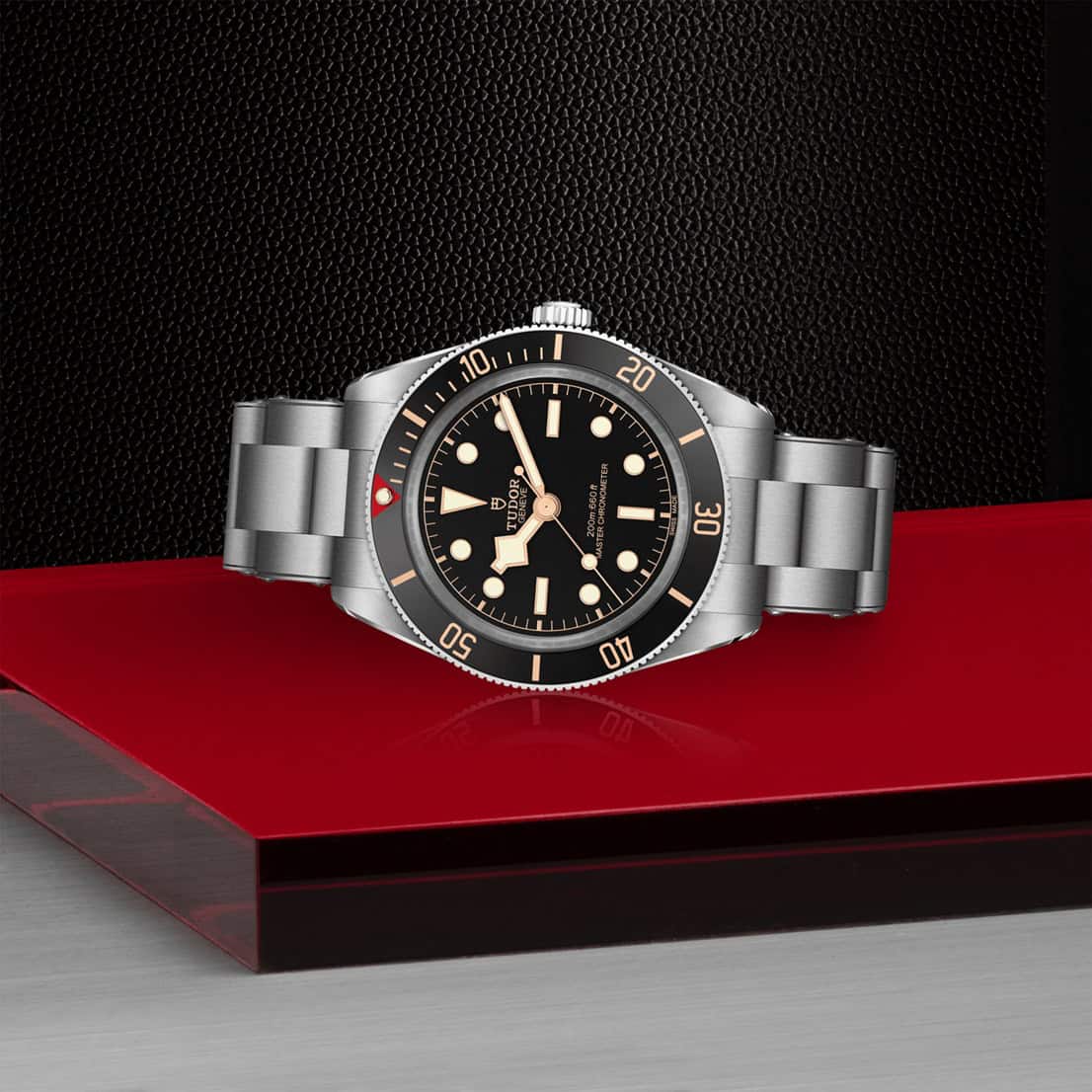 Tudor Black Bay 58 mit Gehäuse und Band aus Edelstahl und schwarzem Zifferblatt liegend