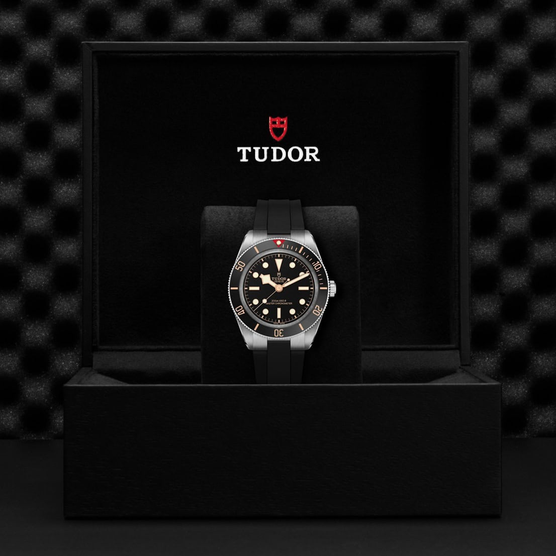 Tudor Black Bay 58 mit Edelstahlgehäuse und Kautschukband und schwarzem Zifferblatt in der Box
