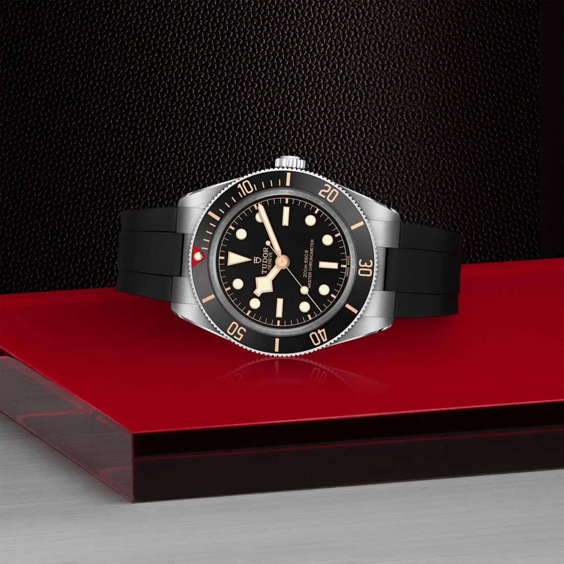 Tudor Black Bay 58 mit Edelstahlgehäuse und Kautschukband und schwarzem Zifferblatt liegend