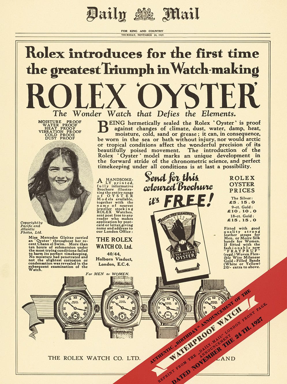 Inserat für die Rolex Oyster mit Mercedes Gleitze