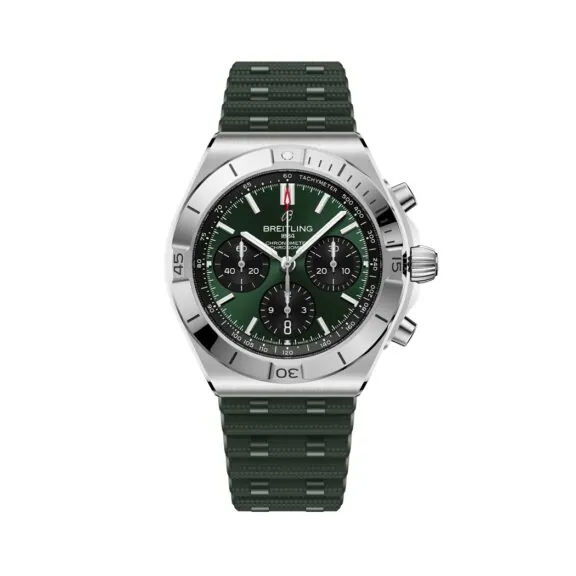 Breitling Chronomat B01 Chronomat 42 mit Edelstahlgehäuse und Kautschukband und grünem Zifferblatt