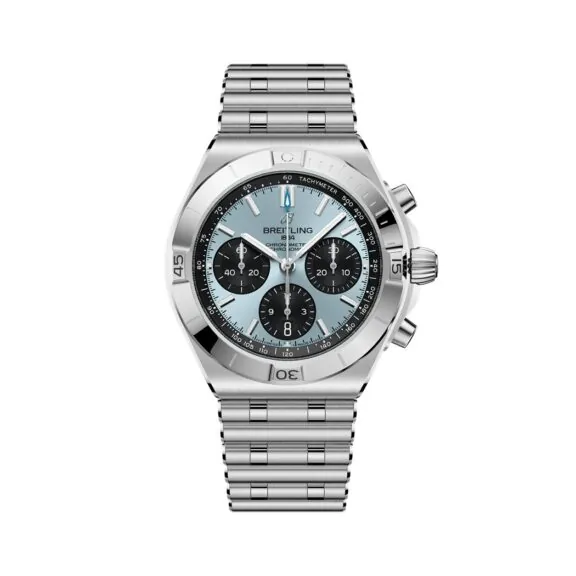 Breitling Chronomat B01 Chronomat 42 mit Gehäuse und Band aus Edelstahl und Platin und hellblauem Zifferblatt