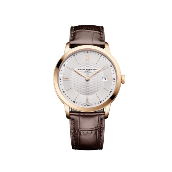 Baume et Mercier Classima mit einem vergoldetem Edelstahlgehäuse, Lederband und silberfarbenem Zifferblatt