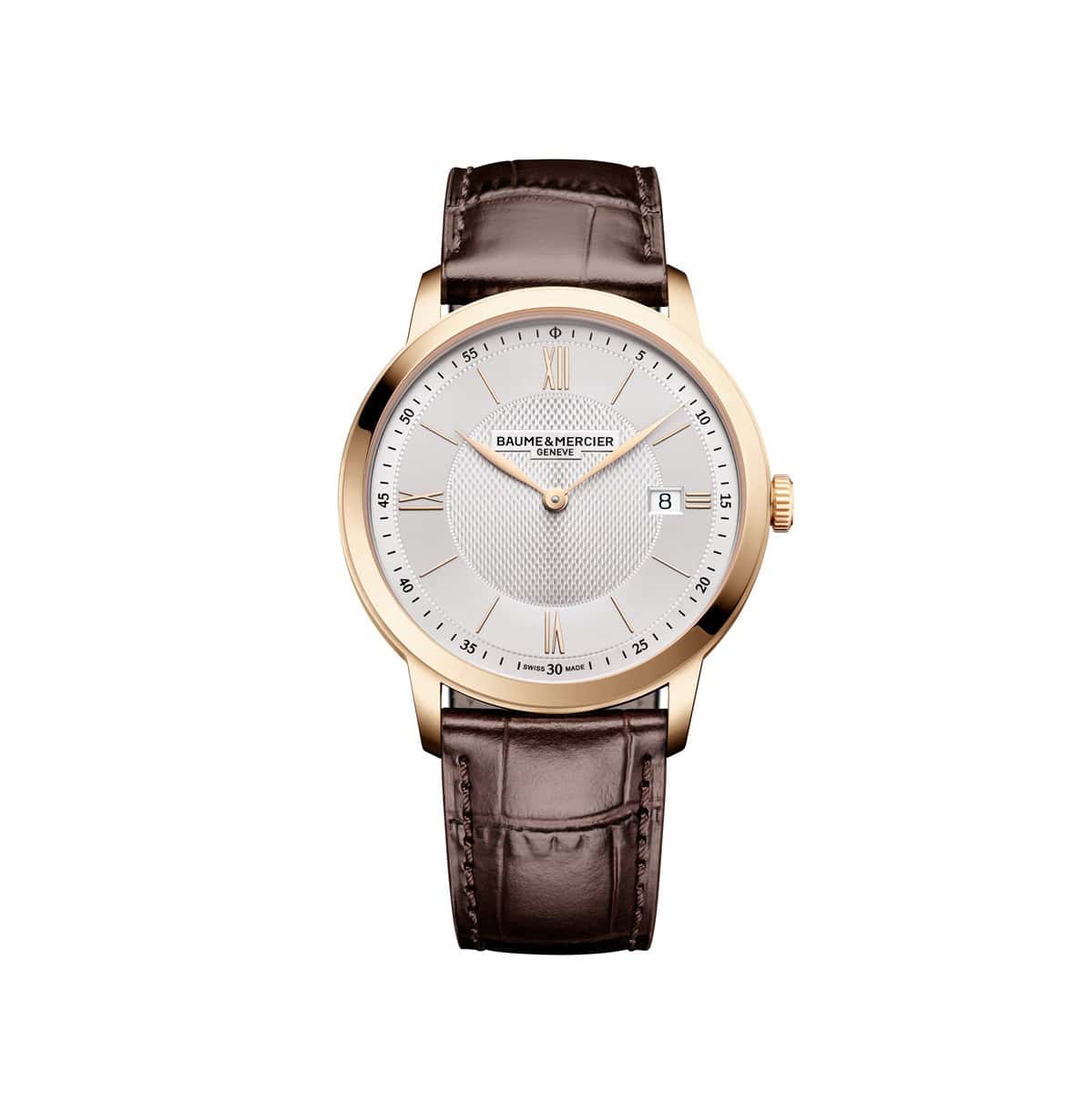 Baume et Mercier Classima mit einem vergoldetem Edelstahlgehäuse, Lederband und silberfarbenem Zifferblatt