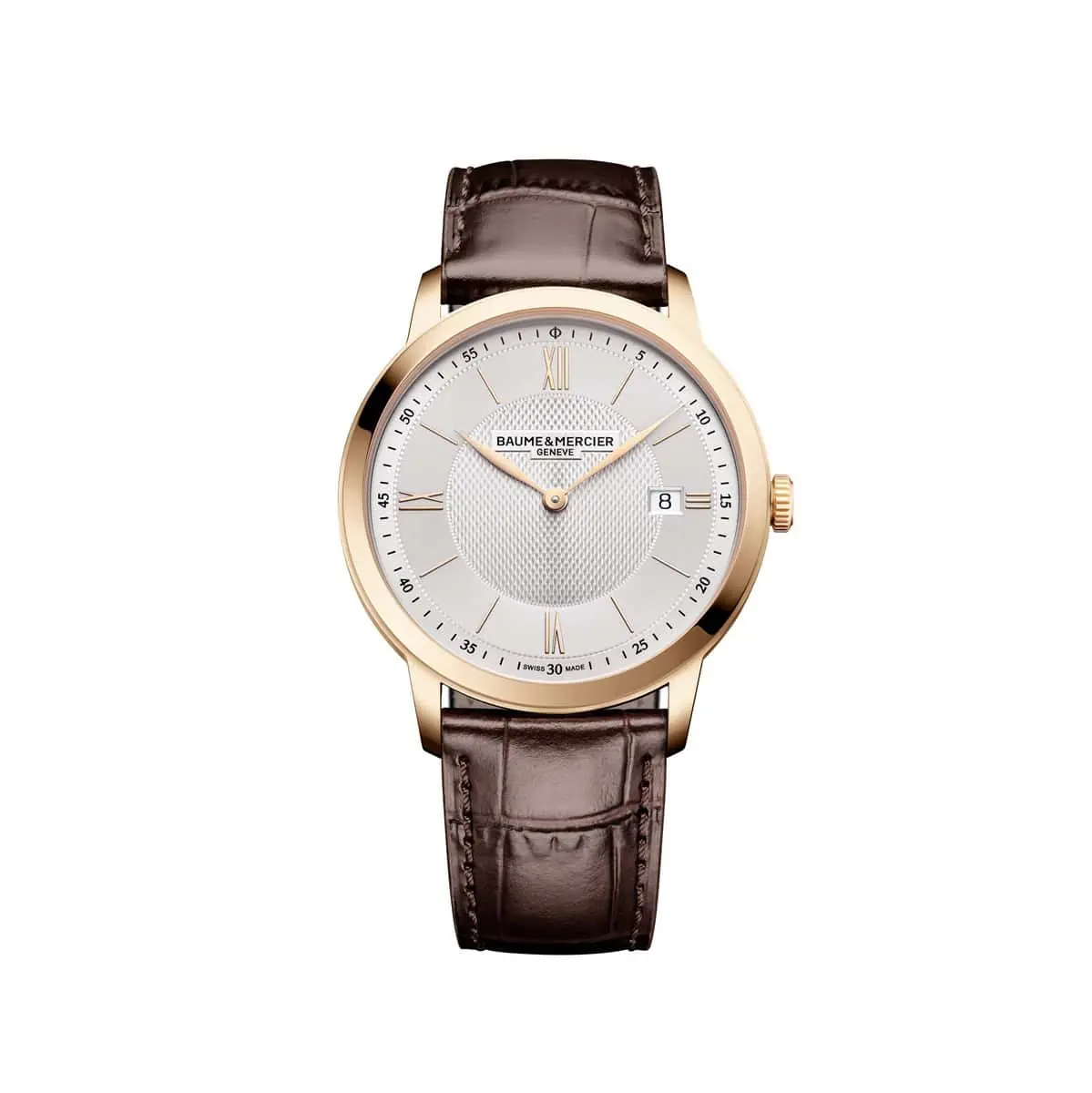 Baume et Mercier Classima mit einem vergoldetem Edelstahlgehäuse, Lederband und silberfarbenem Zifferblatt