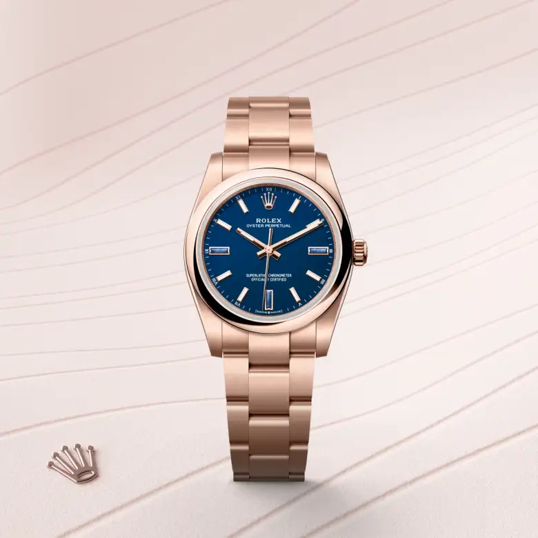 Rolex Oyster Perpetual in 18 Karat Everose-Gold, Frontansicht