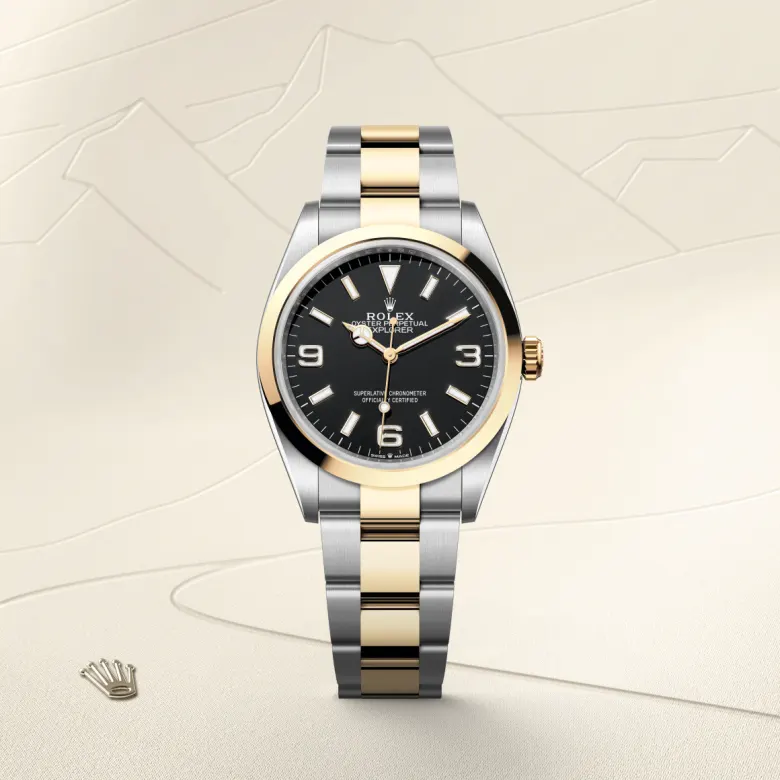 Rolex Explorer in Rolesor gelb (Kombination aus Edelstahl Oystersteel und Gelbgold), Frontansicht