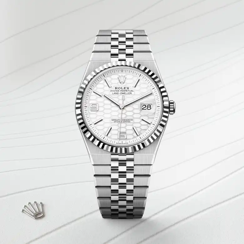Rolex Land-Dweller in Rolesor weiß (Kombination aus Edelstahl Oystersteel und Weißgold), Frontansicht