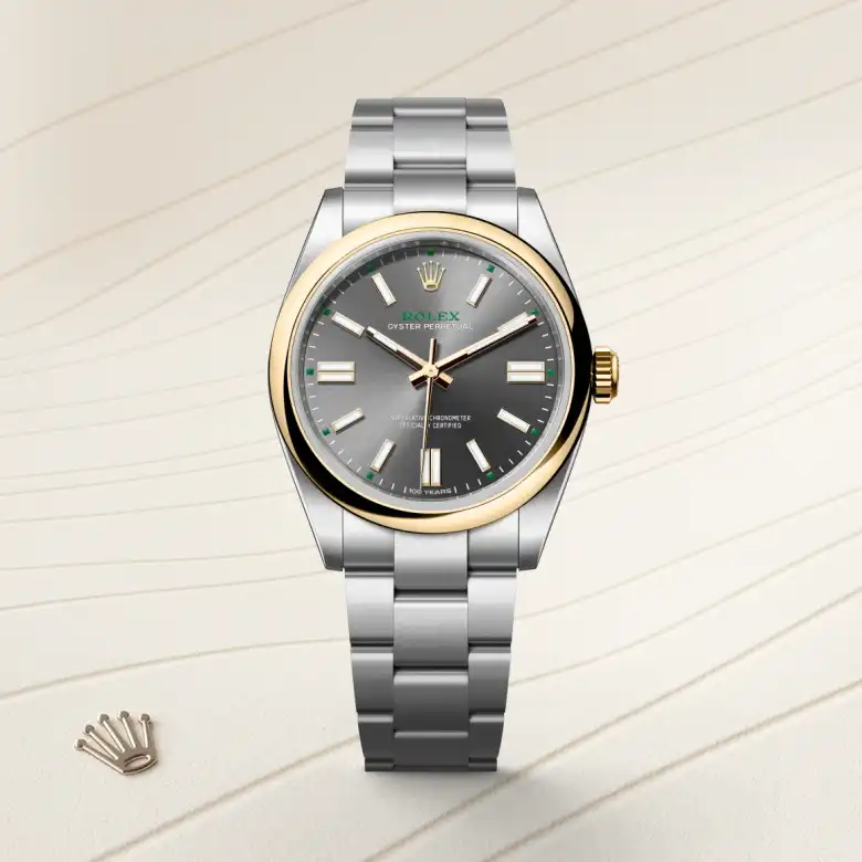 Rolex Oyster Perpetual in Rolesor gelb (Kombination aus Edelstahl Oystersteel und Gelbgold), Frontansicht