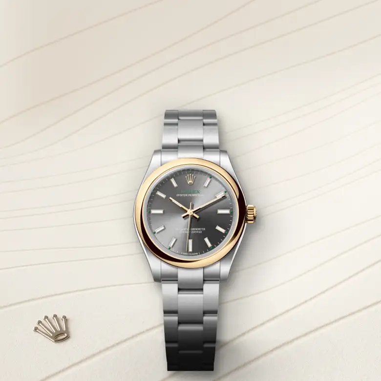 Rolex Oyster Perpetual in Rolesor gelb (Kombination aus Edelstahl Oystersteel und Gelbgold), Frontansicht
