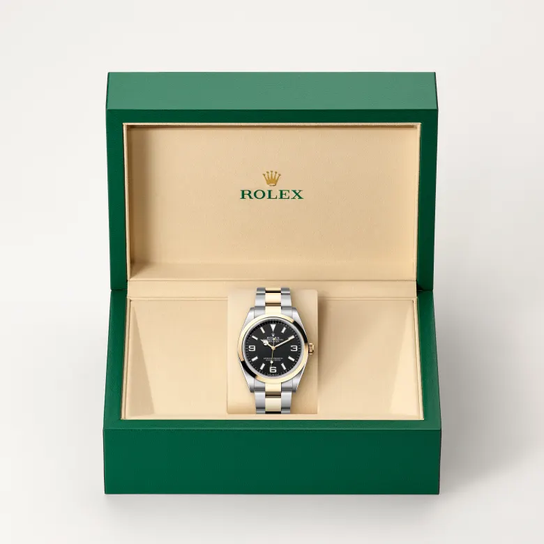 Rolex Explorer in Rolesor gelb (Kombination aus Edelstahl Oystersteel und Gelbgold) in grüner Schatulle