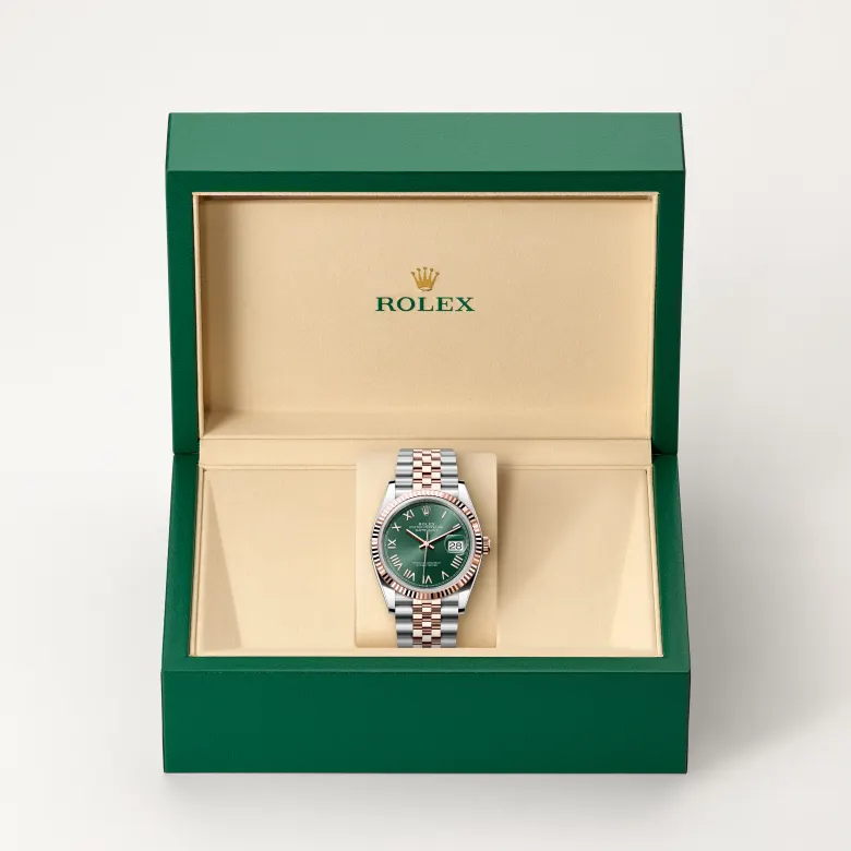 Rolex Datejust in Rolesor Everose (Kombination aus Edelstahl Oystersteel und Everose-Gold) in grüner Schatulle