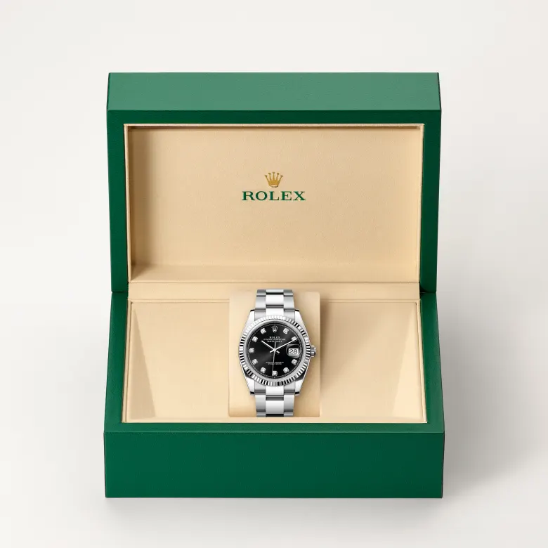 Rolex Datejust in Rolesor weiß (Kombination aus Edelstahl Oystersteel und Weißgold) in grüner Schatulle