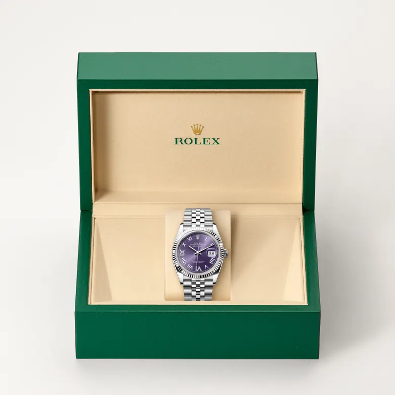 Rolex Datejust in Rolesor weiß (Kombination aus Edelstahl Oystersteel und Weißgold) in grüner Schatulle