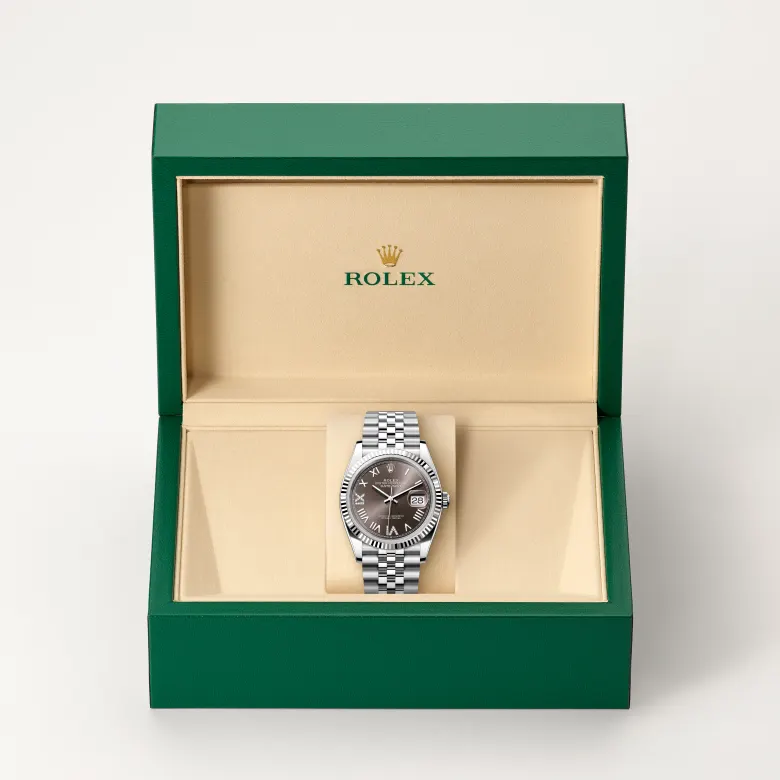 Rolex Datejust in Rolesor weiß (Kombination aus Edelstahl Oystersteel und Weißgold) in grüner Schatulle