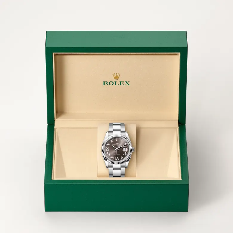 Rolex Datejust in Rolesor weiß (Kombination aus Edelstahl Oystersteel und Weißgold) in grüner Schatulle