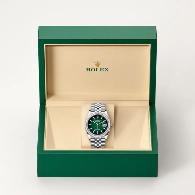 Rolex Datejust in Rolesor weiß (Kombination aus Edelstahl Oystersteel und Weißgold) in grüner Schatulle