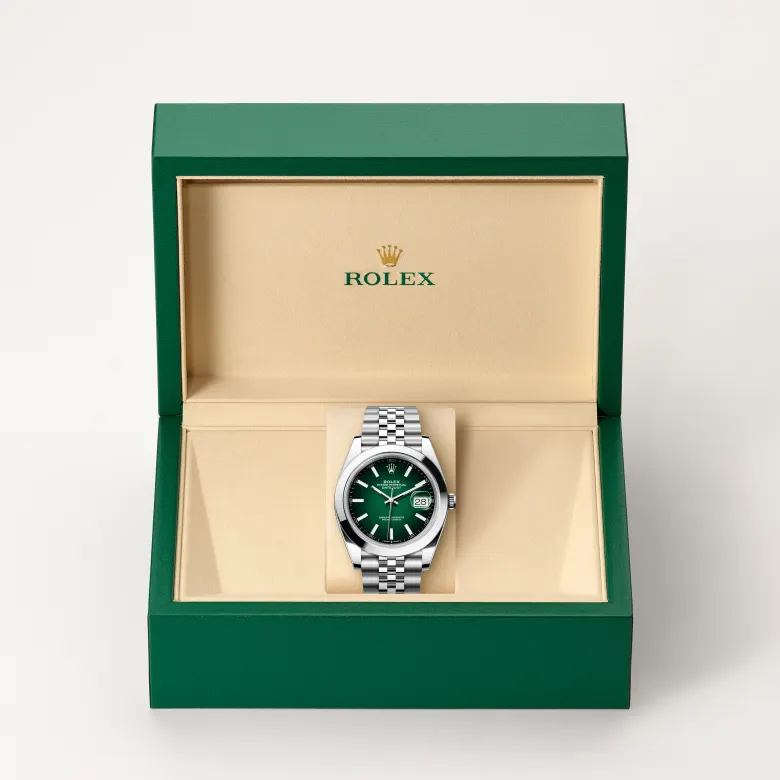 Rolex Datejust in Edelstahl Oystersteel in grüner Schatulle
