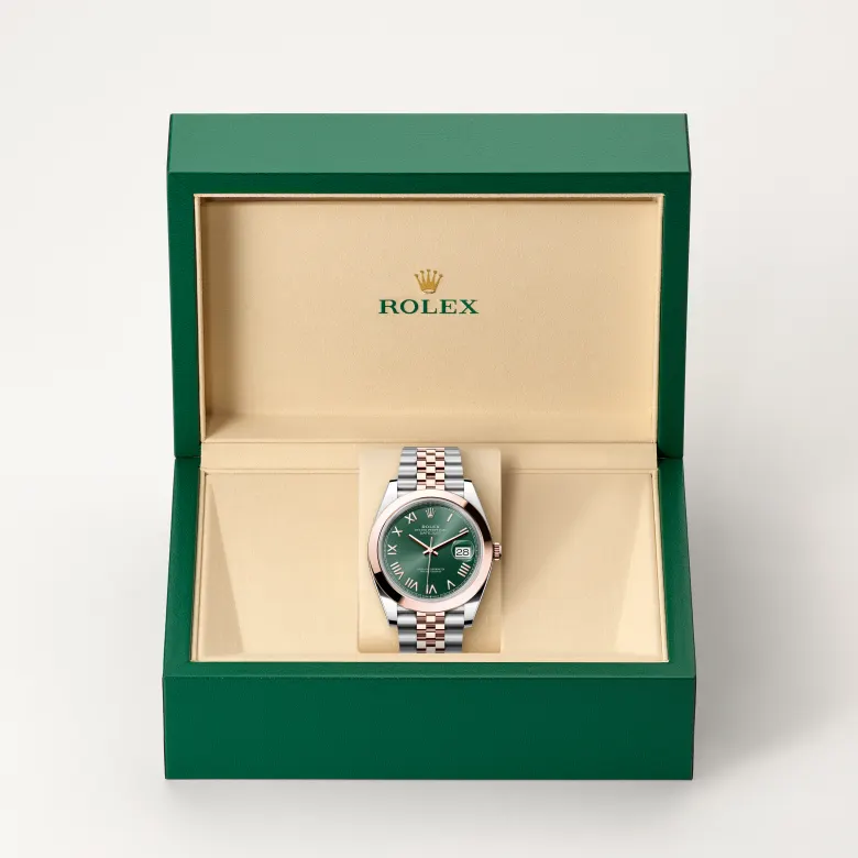 Rolex Datejust in Rolesor Everose (Kombination aus Edelstahl Oystersteel und Everose-Gold) in grüner Schatulle