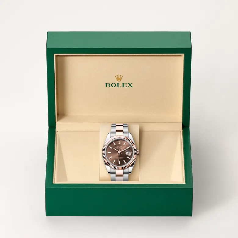Rolex Datejust in Rolesor Everose (Kombination aus Edelstahl Oystersteel und Everose-Gold) in grüner Schatulle