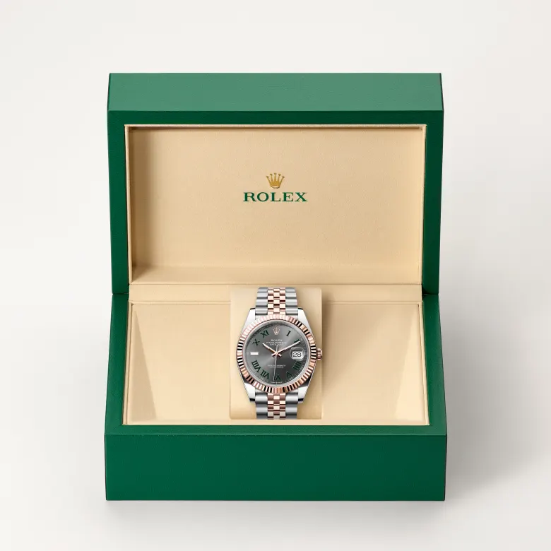 Rolex Datejust in Rolesor Everose (Kombination aus Edelstahl Oystersteel und Everose-Gold) in grüner Schatulle