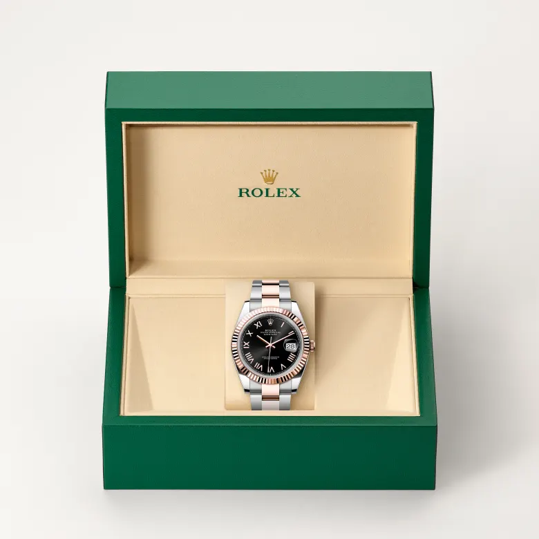 Rolex Datejust in Rolesor Everose (Kombination aus Edelstahl Oystersteel und Everose-Gold) in grüner Schatulle
