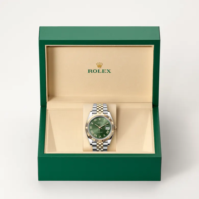 Rolex Datejust in Rolesor gelb (Kombination aus Edelstahl Oystersteel und Gelbgold) in grüner Schatulle