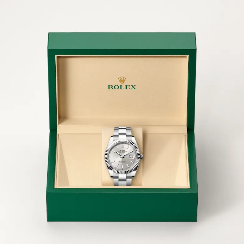 Rolex Datejust in Rolesor weiß (Kombination aus Edelstahl Oystersteel und Weißgold) in grüner Schatulle