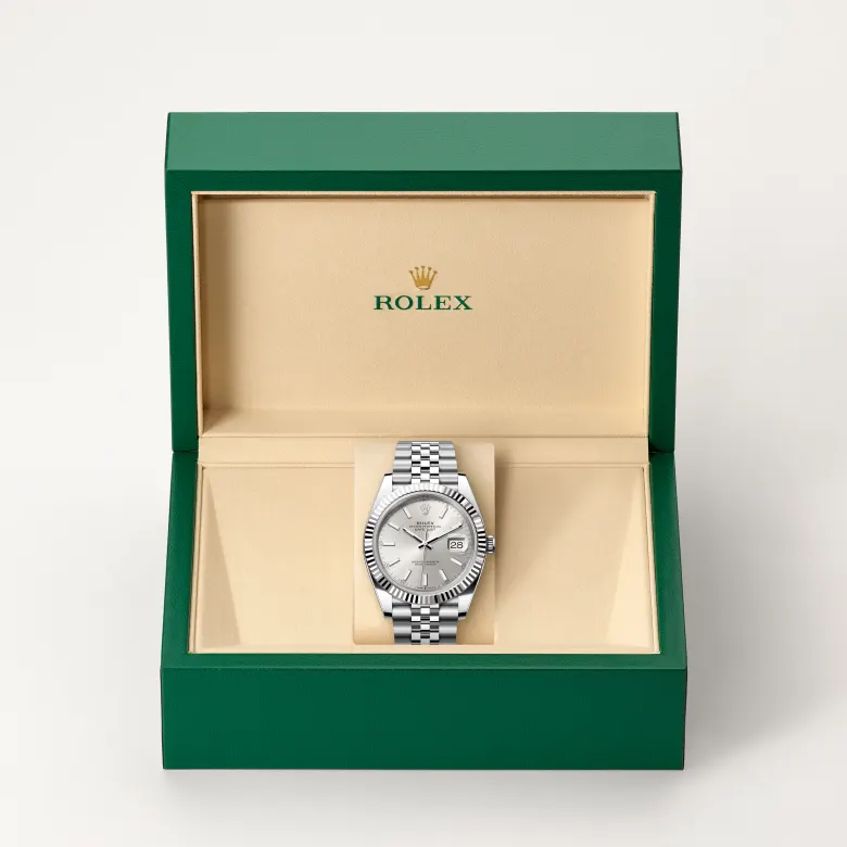 Rolex Datejust in Rolesor weiß (Kombination aus Edelstahl Oystersteel und Weißgold) in grüner Schatulle