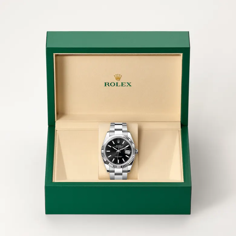 Rolex Datejust in Rolesor weiß (Kombination aus Edelstahl Oystersteel und Weißgold) in grüner Schatulle