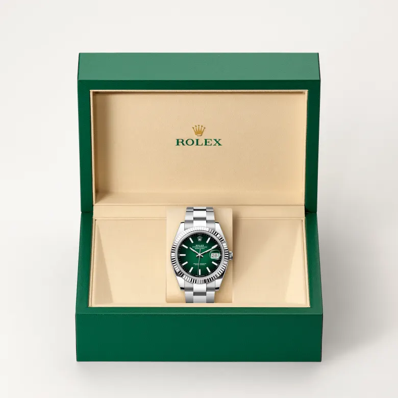 Rolex Datejust in Rolesor weiß (Kombination aus Edelstahl Oystersteel und Weißgold) in grüner Schatulle