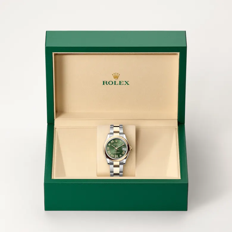 Rolex Datejust in Rolesor gelb (Kombination aus Edelstahl Oystersteel und Gelbgold) in grüner Schatulle