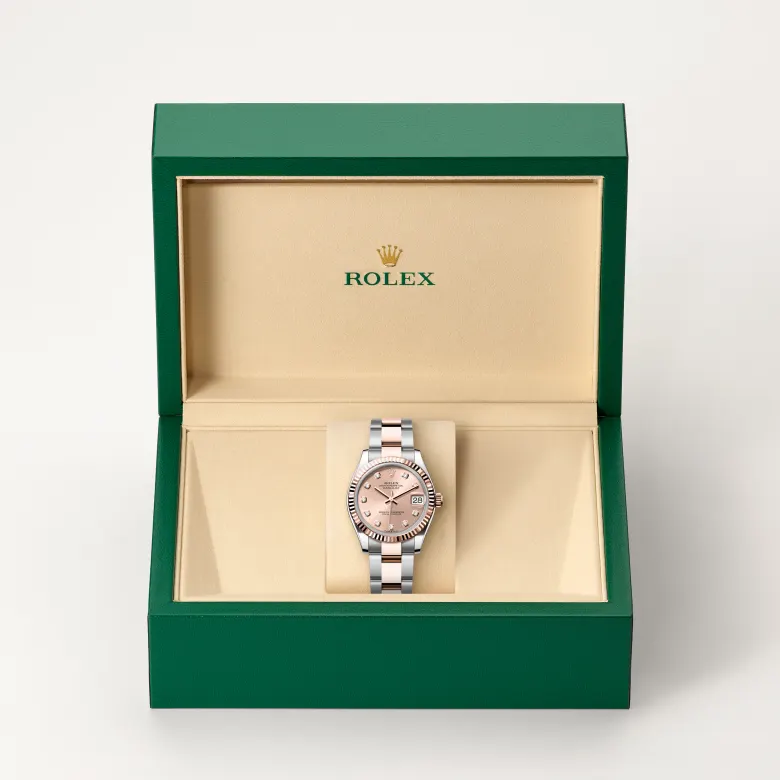 Rolex Datejust in Rolesor Everose (Kombination aus Edelstahl Oystersteel und Everose-Gold) in grüner Schatulle
