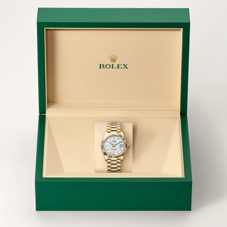 Rolex Datejust in 18 Karat Gelbgold in grüner Schatulle