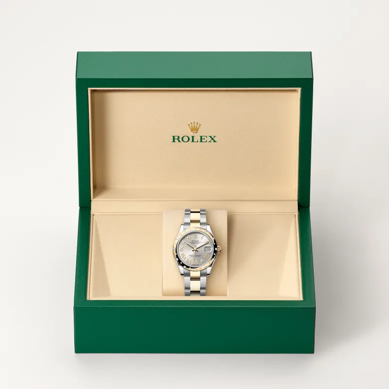 Rolex Datejust in Rolesor gelb (Kombination aus Edelstahl Oystersteel und Gelbgold) in grüner Schatulle