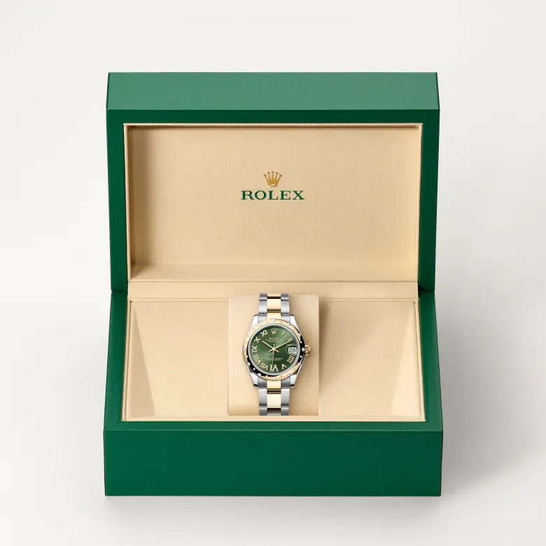 Rolex Datejust in Rolesor gelb (Kombination aus Edelstahl Oystersteel und Gelbgold) in grüner Schatulle