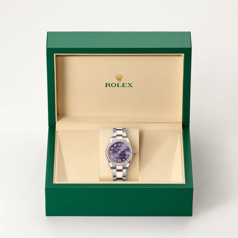 Rolex Datejust in Rolesor Everose (Kombination aus Edelstahl Oystersteel und Everose-Gold) in grüner Schatulle
