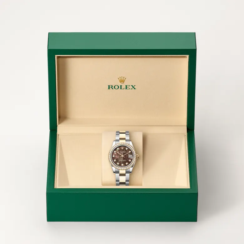 Rolex Datejust in Rolesor gelb (Kombination aus Edelstahl Oystersteel und Gelbgold) in grüner Schatulle