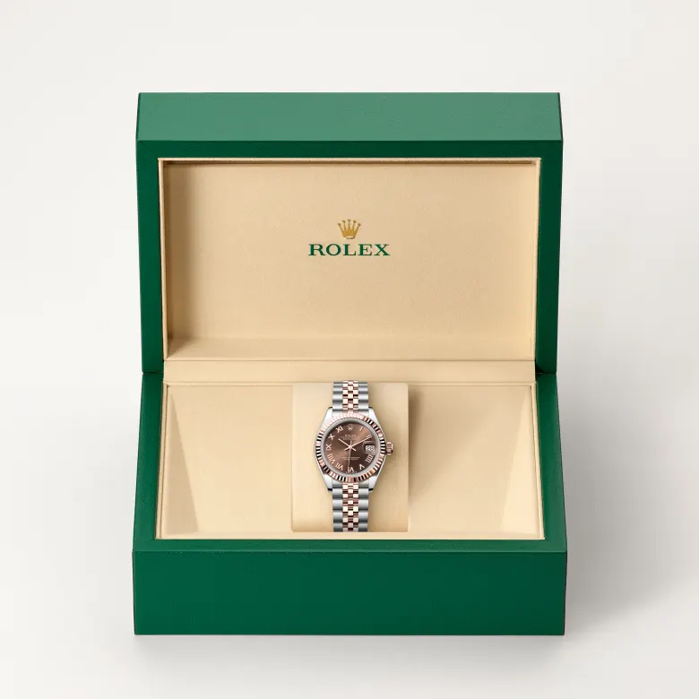 Rolex Lady-Datejust in Rolesor Everose (Kombination aus Edelstahl Oystersteel und Everose-Gold) in grüner Schatulle