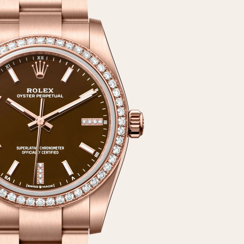 Rolex Oyster Perpetual in 18 Karat Everose-Gold, Detailansicht