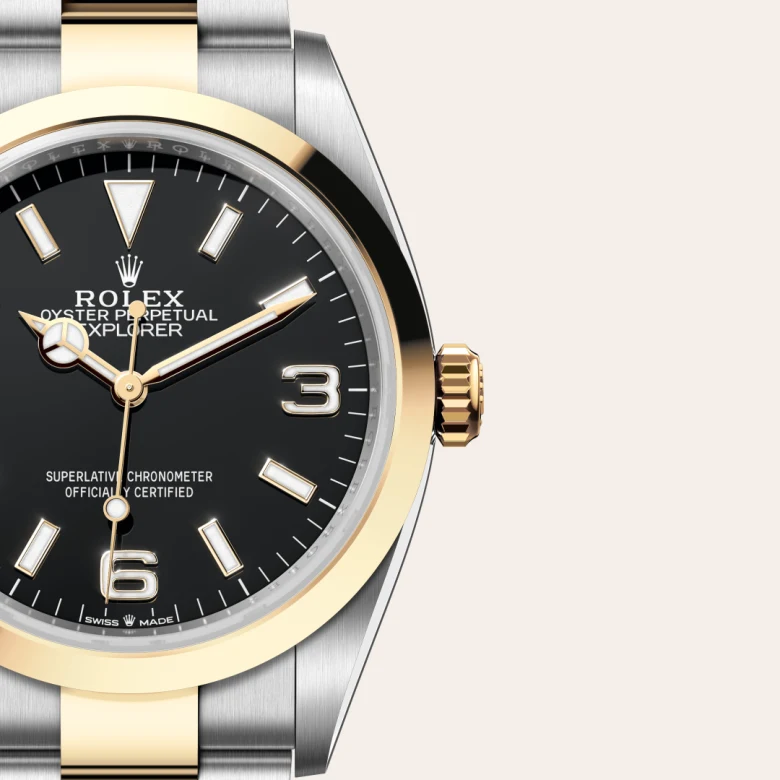 Rolex Explorer in Rolesor gelb (Kombination aus Edelstahl Oystersteel und Gelbgold), Detailansicht