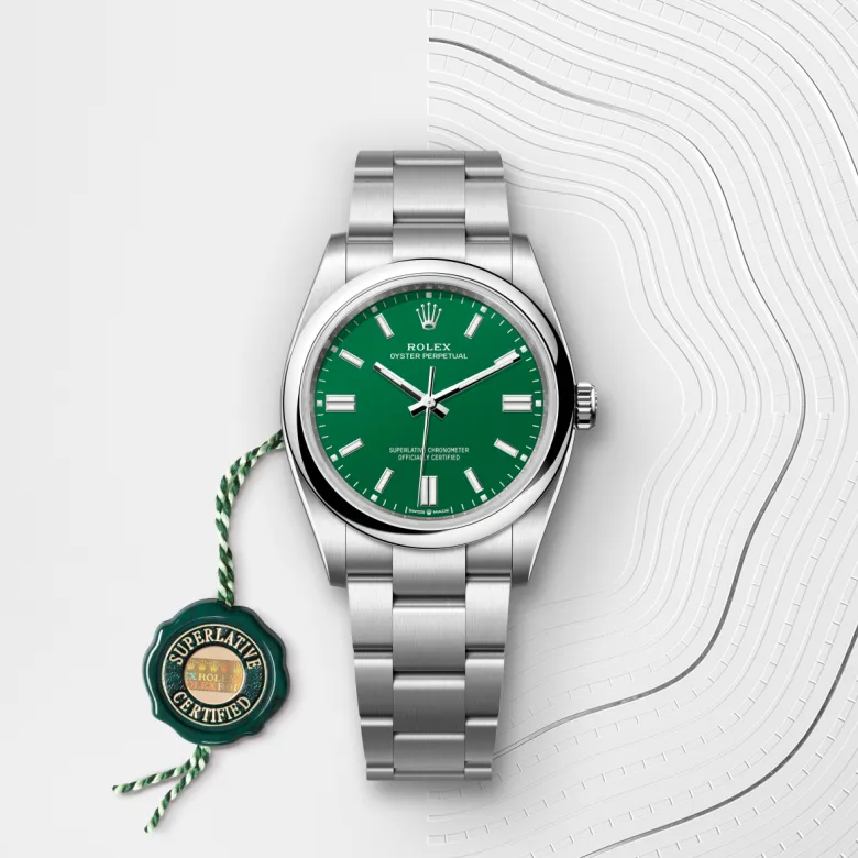 Rolex Oyster Perpetual in Edelstahl Oystersteel mit grünem Siegel