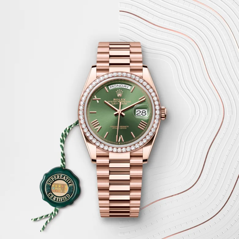 Rolex Day-Date in 18 Karat Everose-Gold mit grünem Siegel