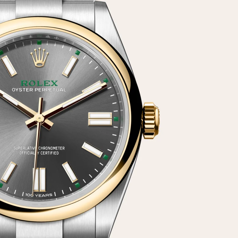 Rolex Oyster Perpetual in Rolesor gelb (Kombination aus Edelstahl Oystersteel und Gelbgold), Detailansicht