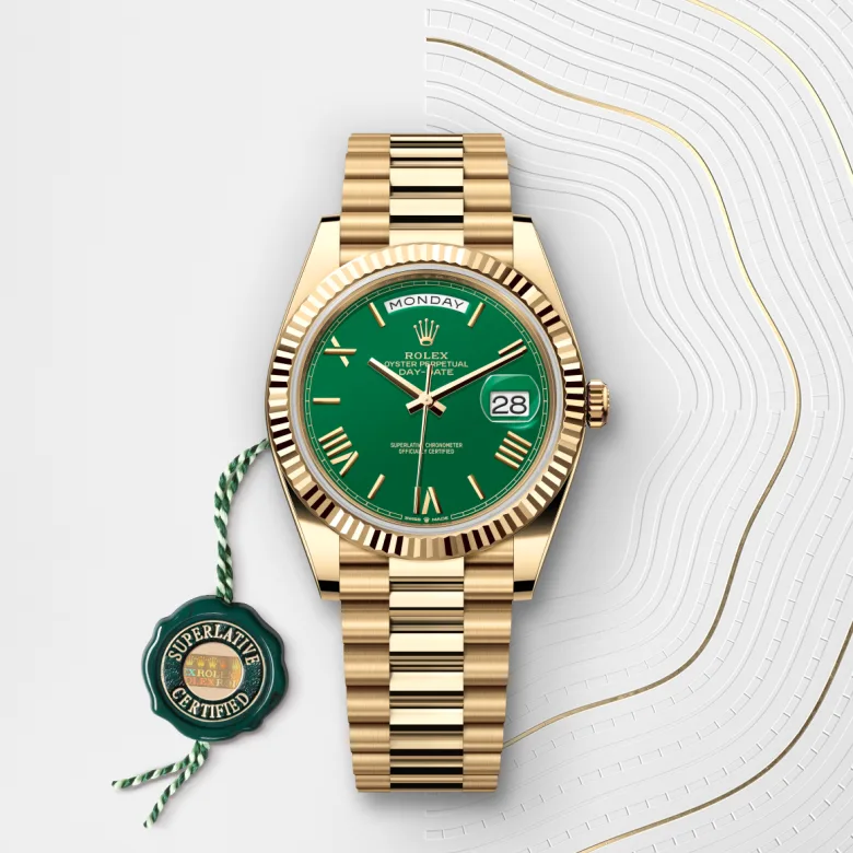 Rolex Day-Date in 18 Karat Gelbgold mit grünem Siegel