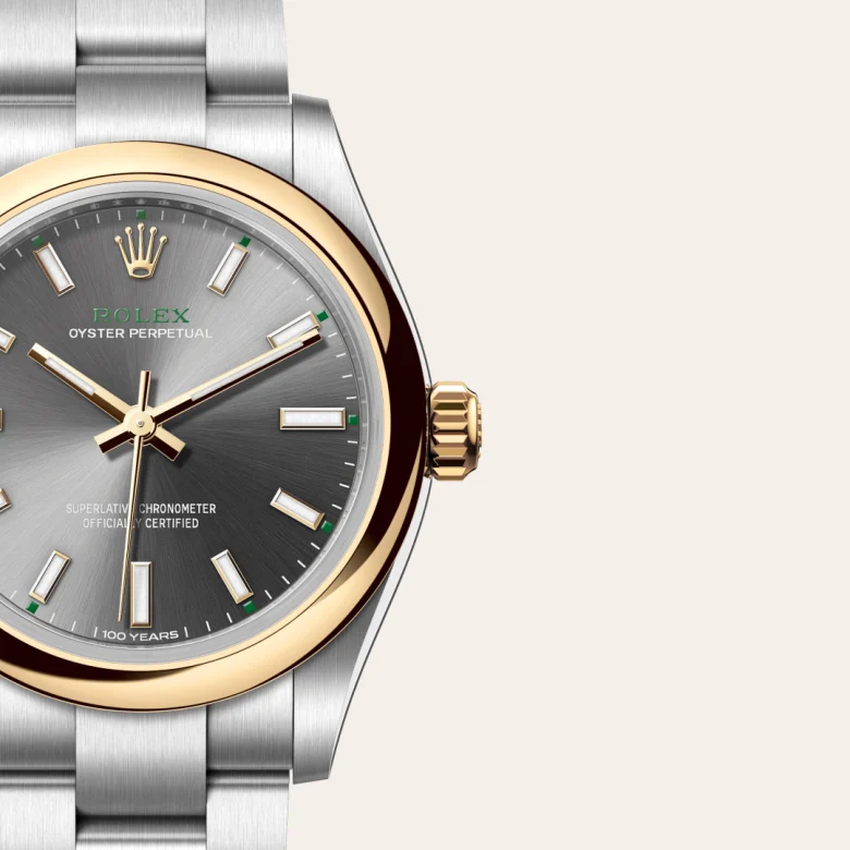 Rolex Oyster Perpetual in Rolesor gelb (Kombination aus Edelstahl Oystersteel und Gelbgold), Detailansicht