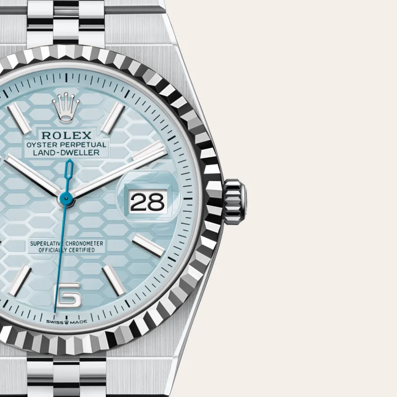Rolex Land-Dweller in Platin, Detailansicht
